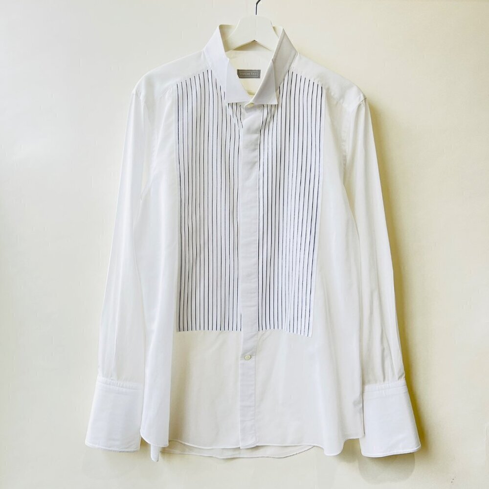 Stefano Ricci Pleated contrasting threads tuxedo shirts, White/black, Size 46/18